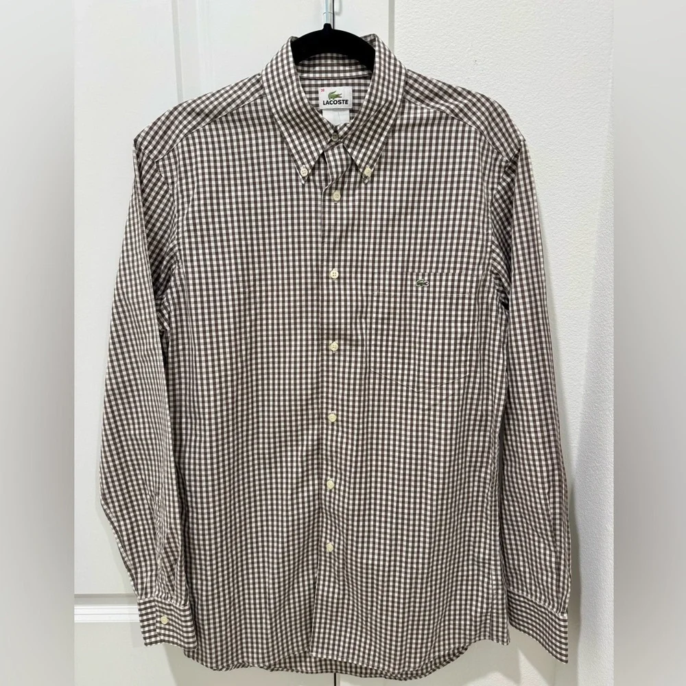 Lacoste Men's NWT Gingham 100% Cotton Button-Down Shirt in Brown and White - Picture 2 of 6
